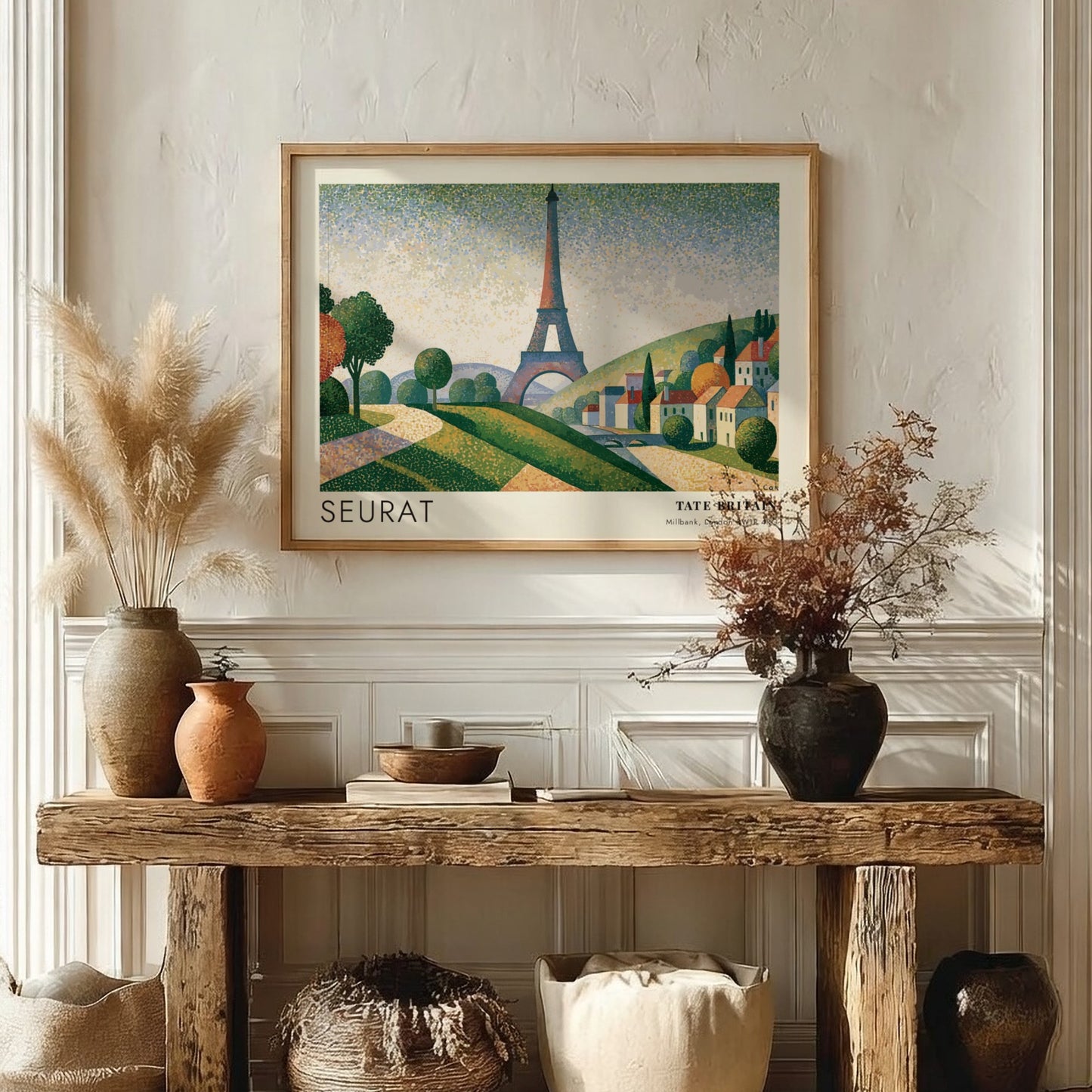 Wall art poster featuring Seurat Eiffel Tower exhibition design with pointillist landscape and hills
