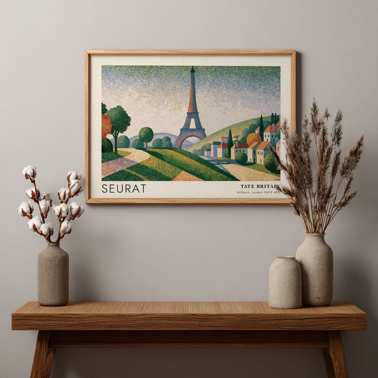 Wall art poster featuring Seurat Eiffel Tower exhibition design with pointillist landscape and hills