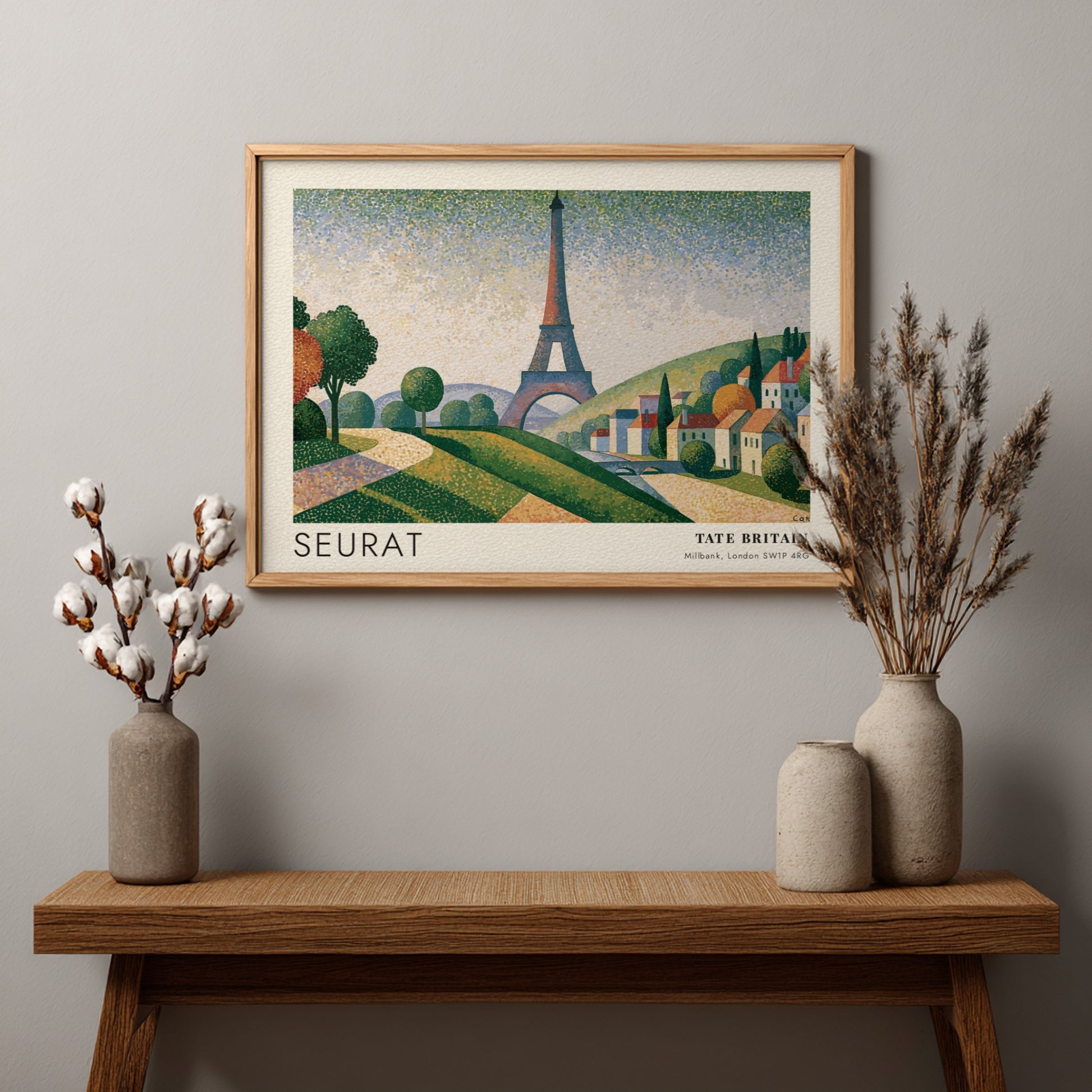 Wall art poster featuring Seurat Eiffel Tower exhibition design with pointillist landscape and hills