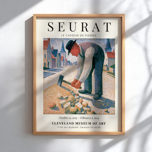 Seurat exhibition poster featuring Le Casseur de Pierres with soft colors and pointillism style