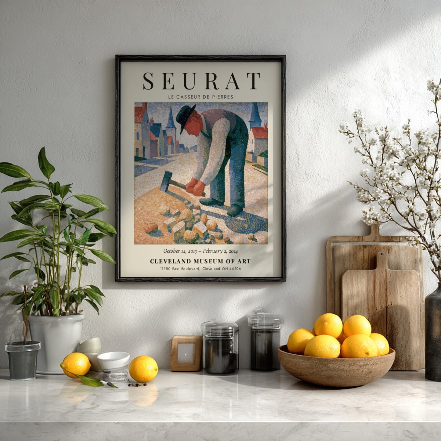 Seurat exhibition poster featuring Le Casseur de Pierres with soft colors and pointillism style