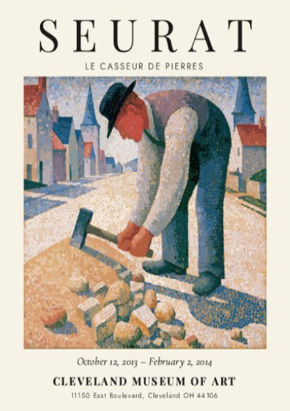 Seurat exhibition poster featuring Le Casseur de Pierres with soft colors and pointillism style
