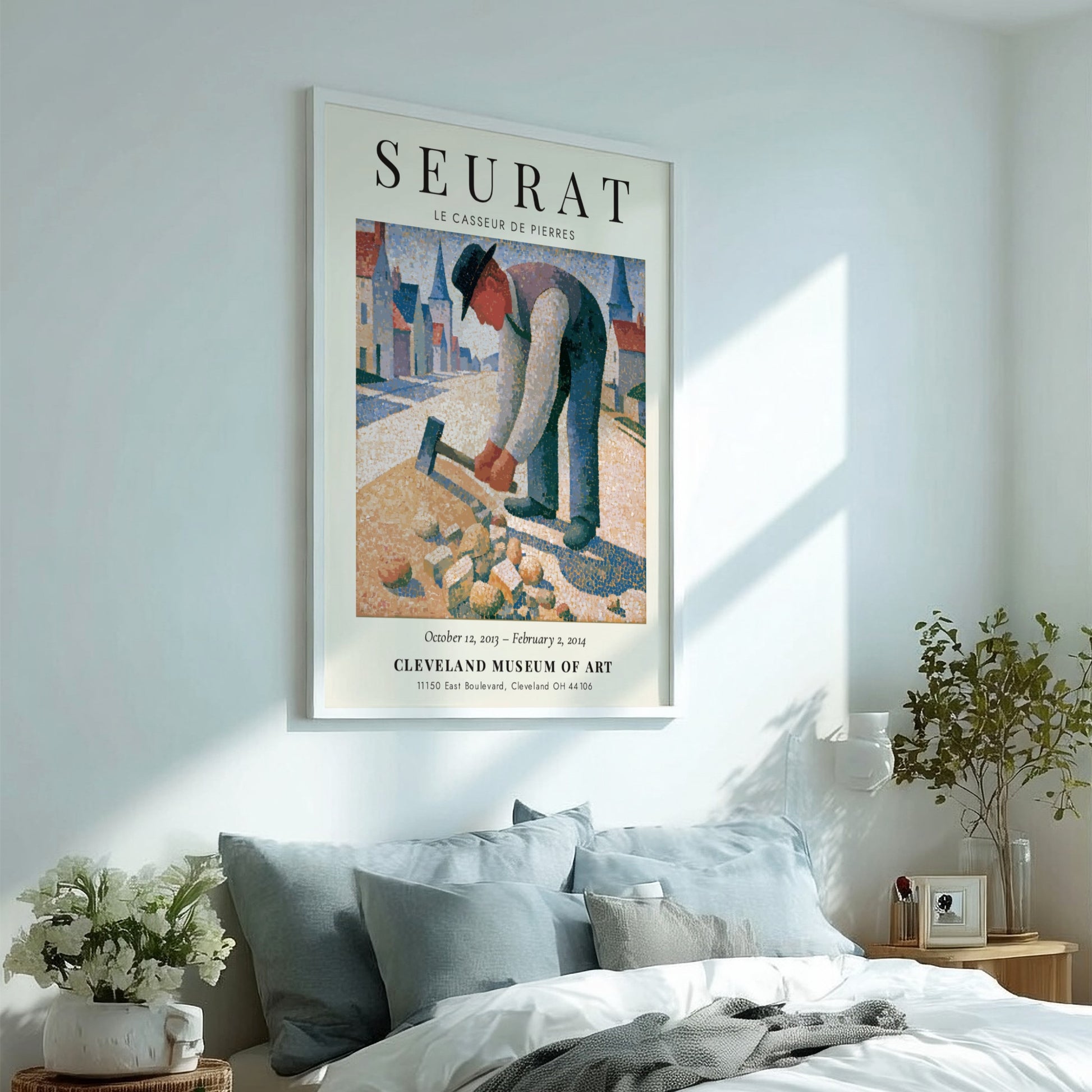 Seurat exhibition poster featuring Le Casseur de Pierres with soft colors and pointillism style