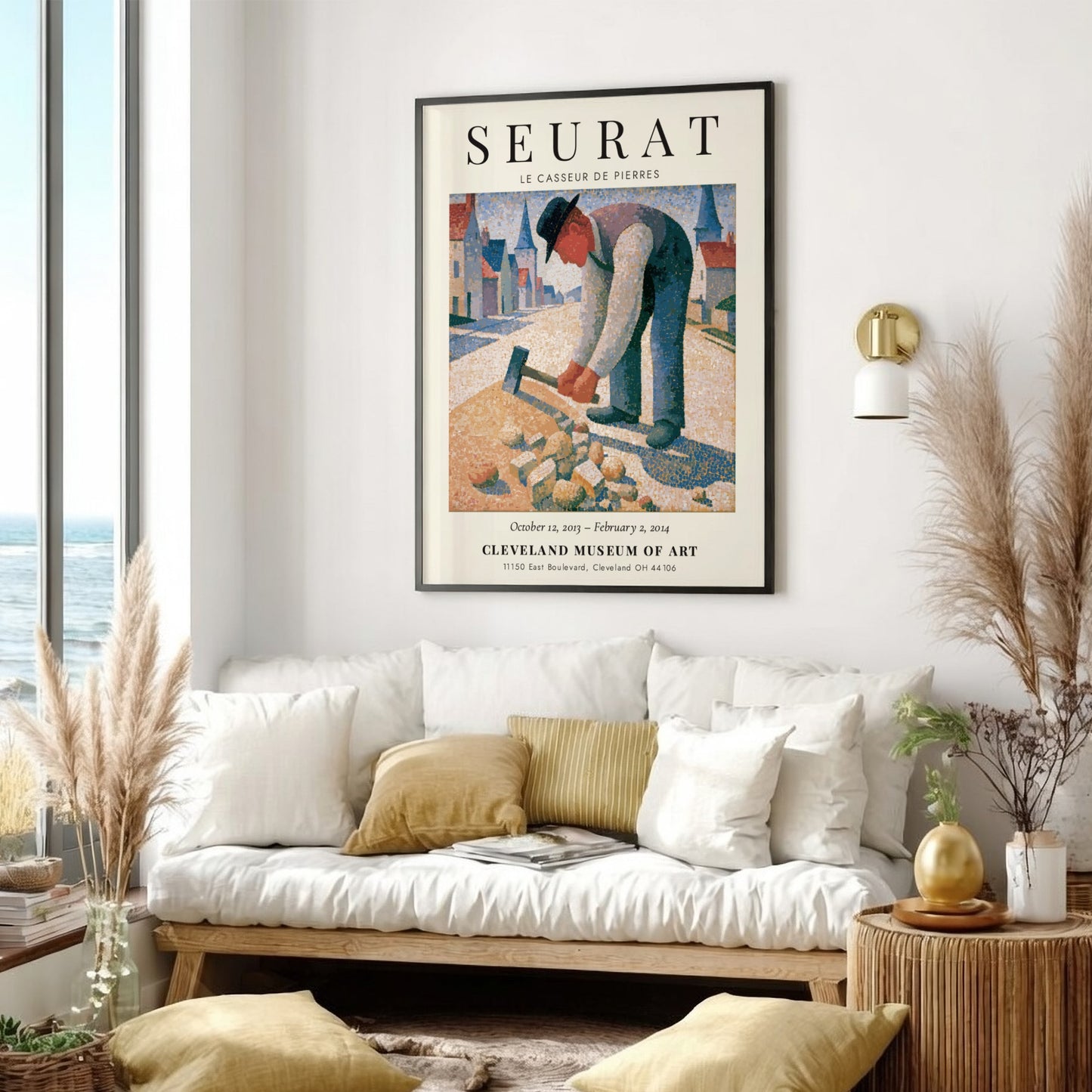 Seurat exhibition poster featuring Le Casseur de Pierres with soft colors and pointillism style