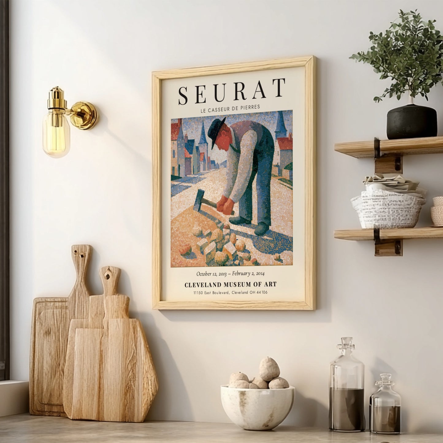 Seurat exhibition poster featuring Le Casseur de Pierres with soft colors and pointillism style