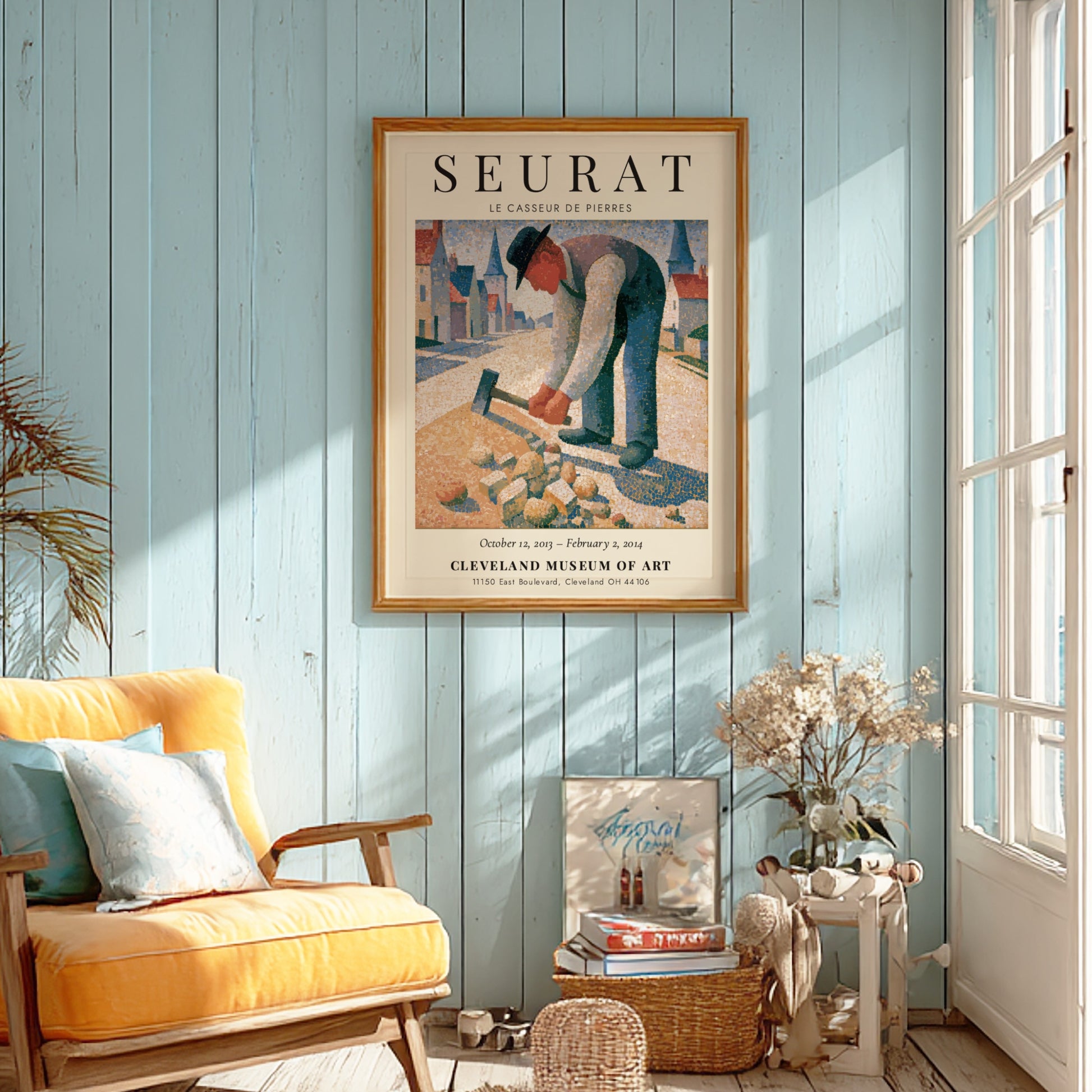 Seurat exhibition poster featuring Le Casseur de Pierres with soft colors and pointillism style
