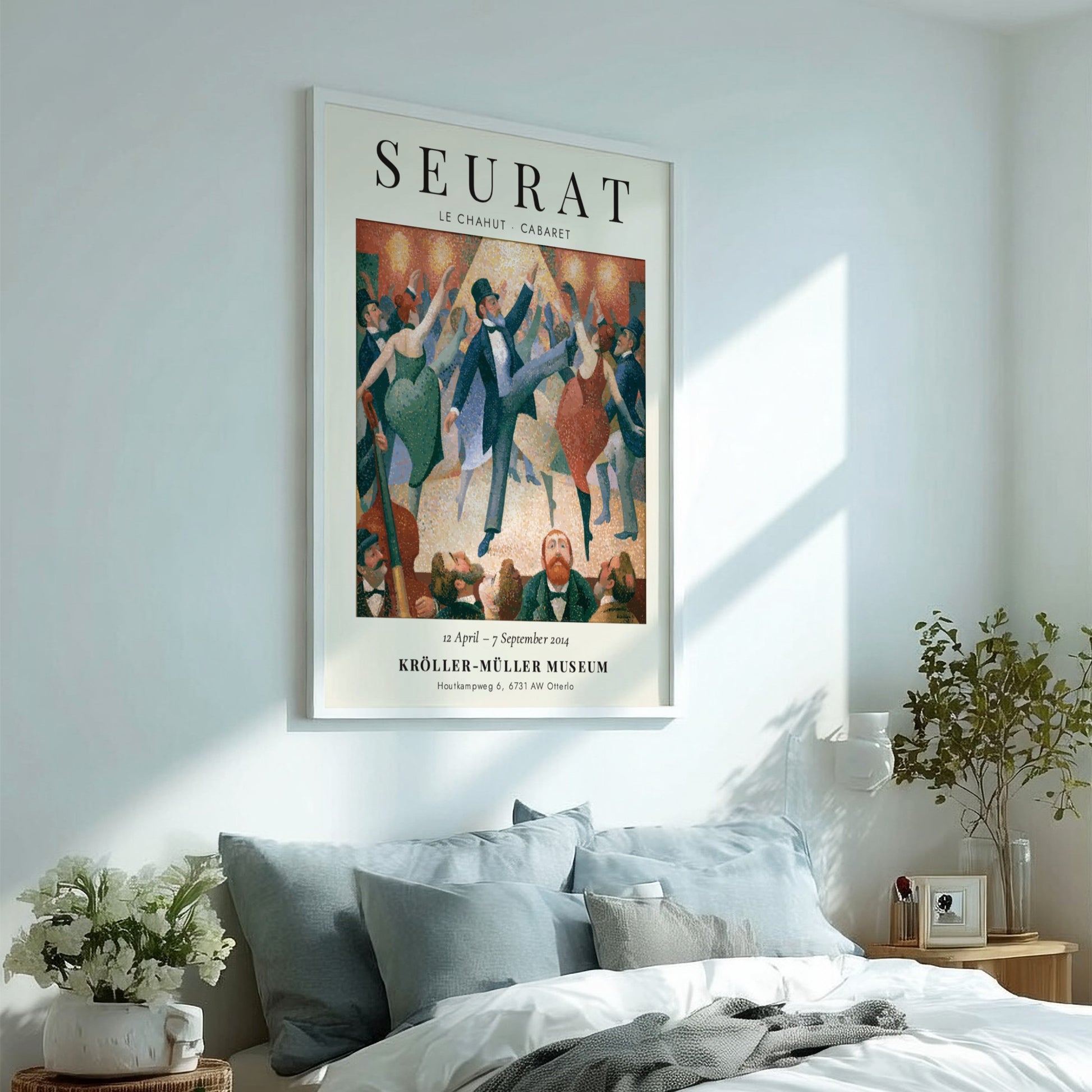 Seurat exhibition poster featuring Le Chahut Cabaret with vibrant colors and lively dancers