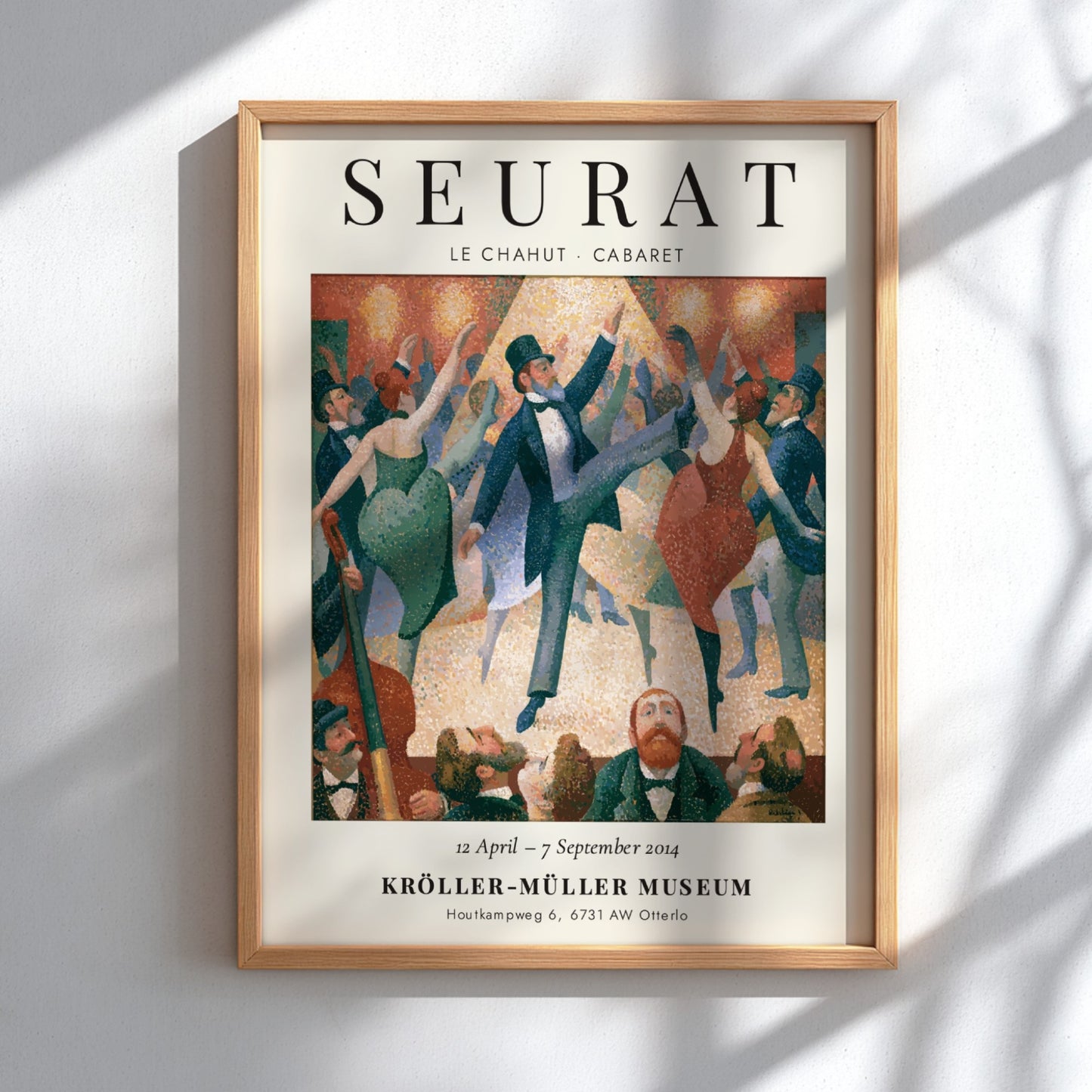 Seurat exhibition poster featuring Le Chahut Cabaret with vibrant colors and lively dancers