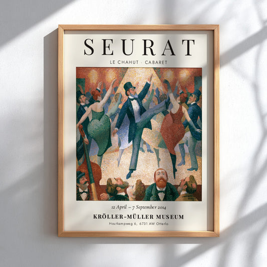Seurat exhibition poster featuring Le Chahut Cabaret with vibrant colors and lively dancers