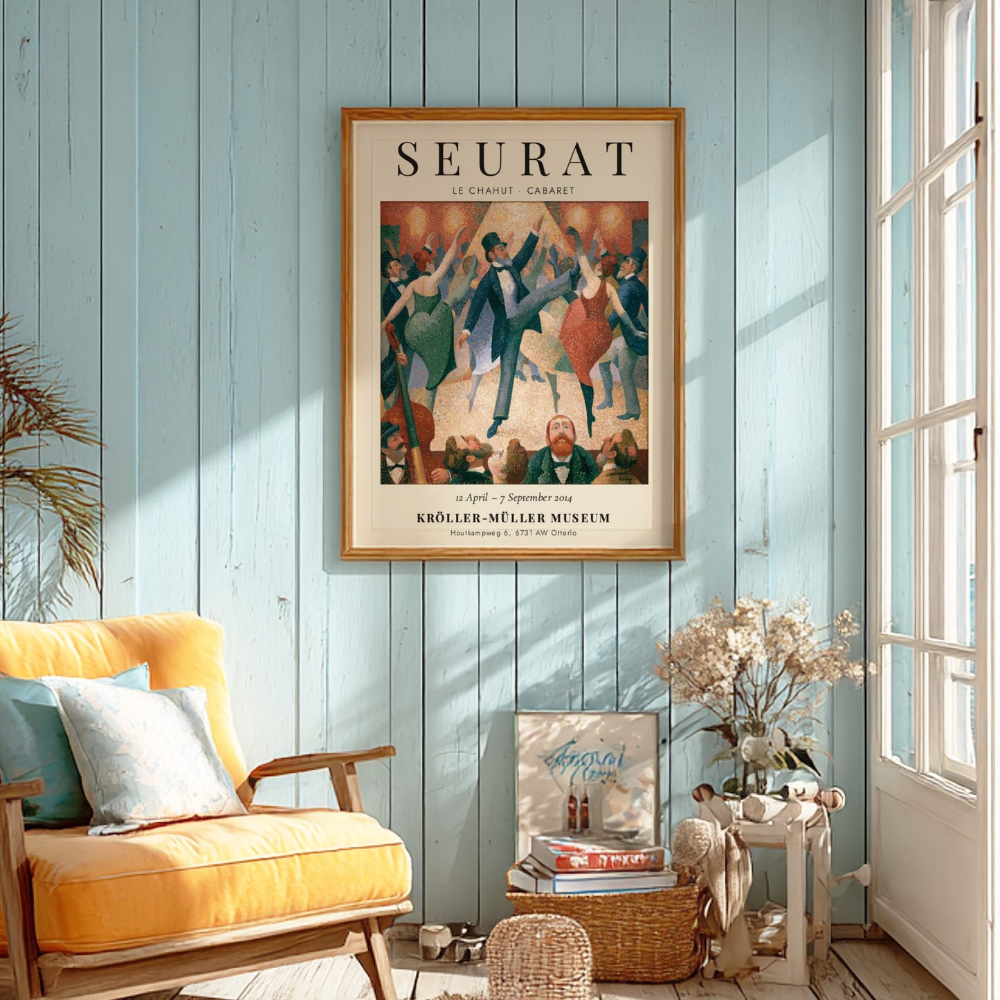 Seurat exhibition poster featuring Le Chahut Cabaret with vibrant colors and lively dancers
