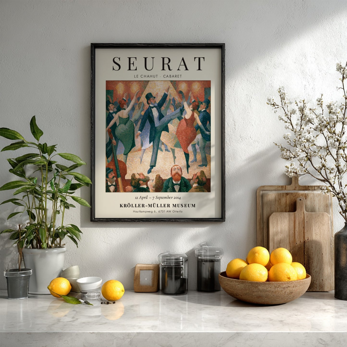 Seurat exhibition poster featuring Le Chahut Cabaret with vibrant colors and lively dancers