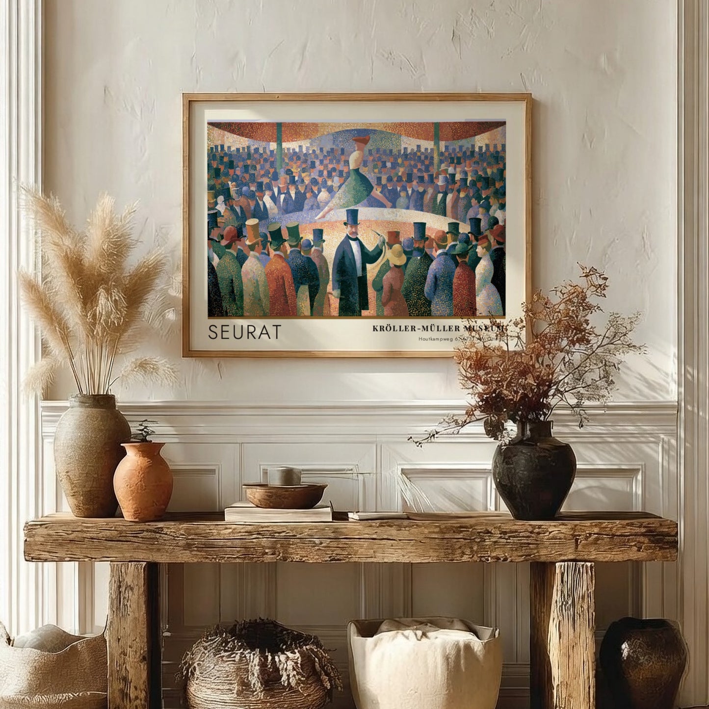 Wall art poster of Seurat Le Chahut featuring a cabaret scene with museum text