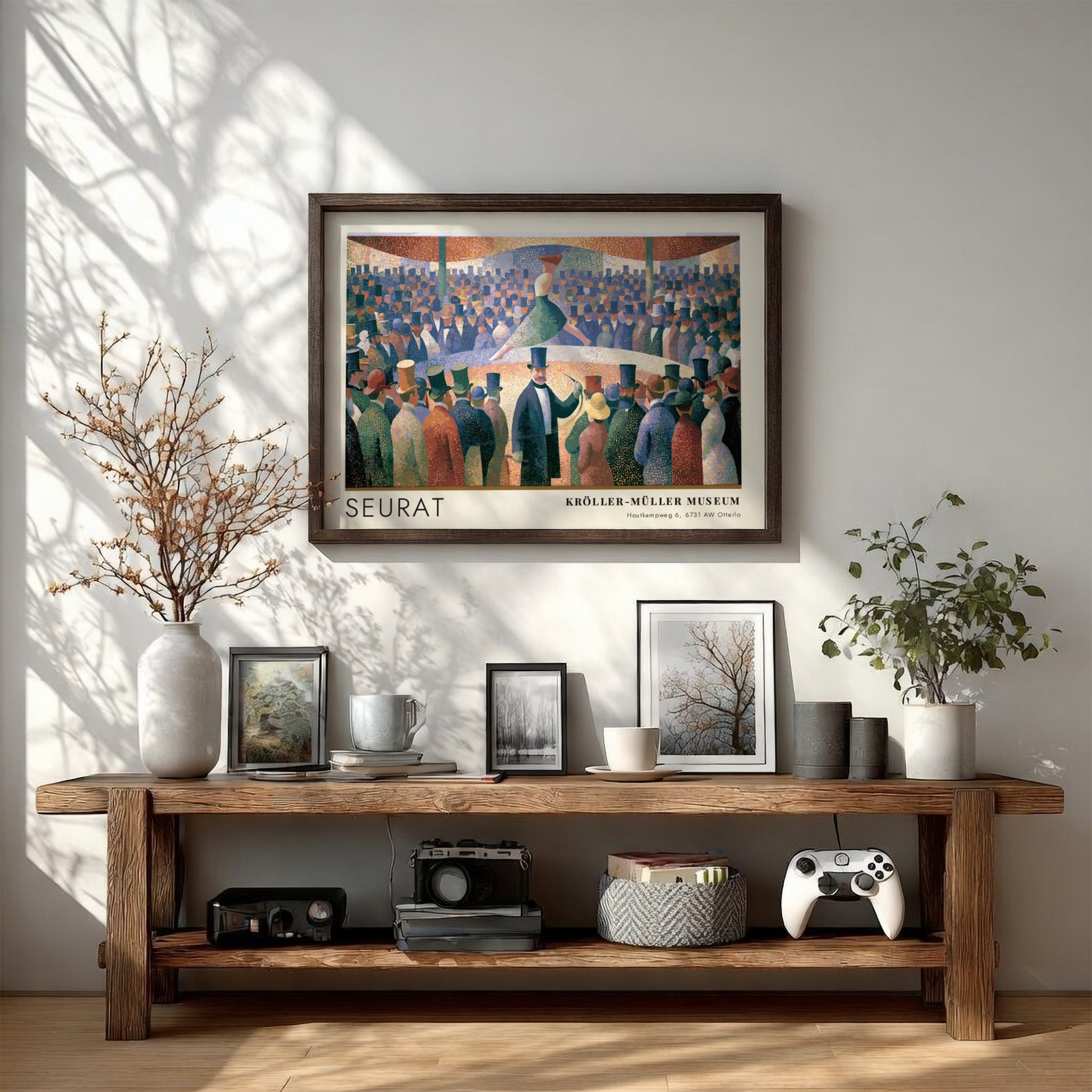 Wall art poster of Seurat Le Chahut featuring a cabaret scene with museum text