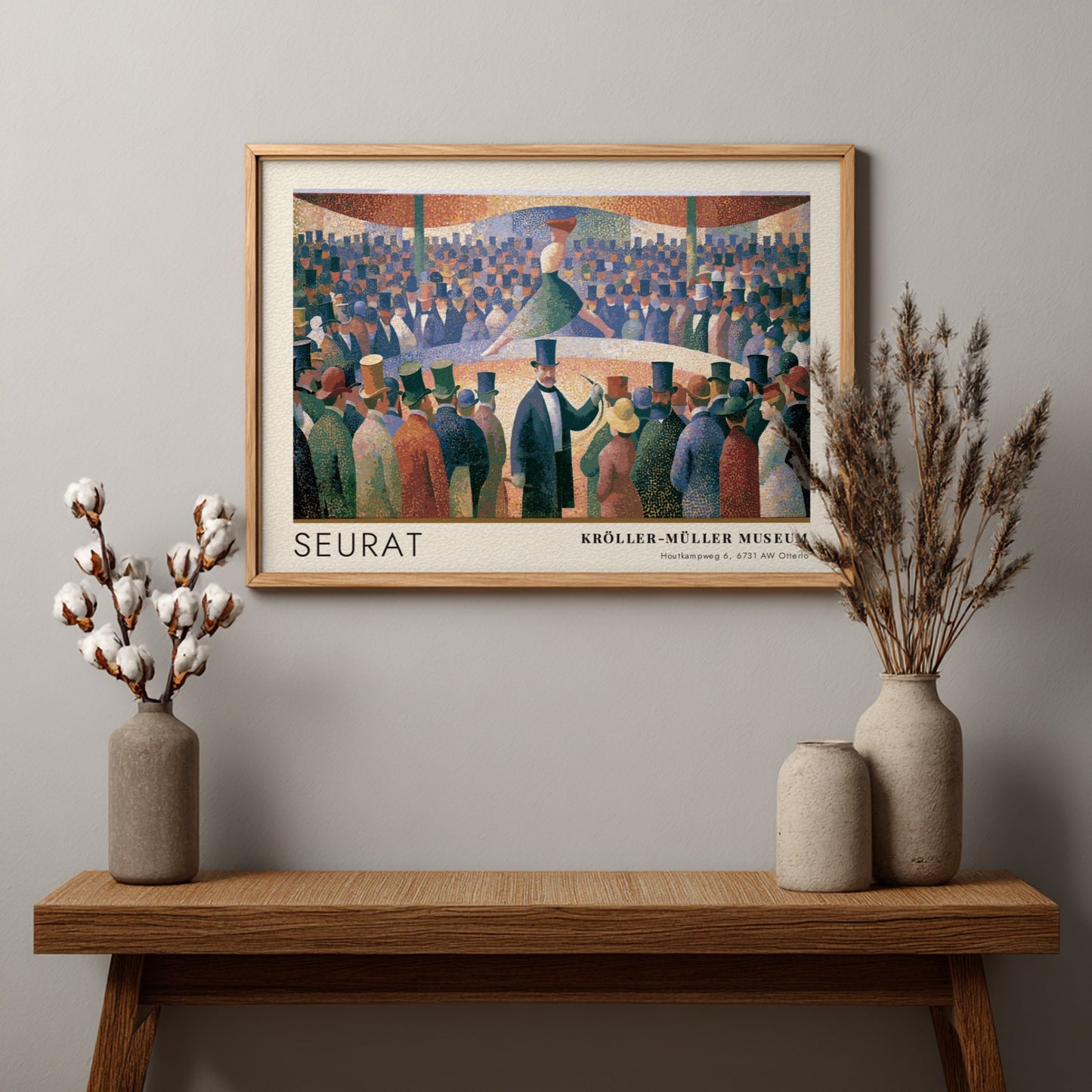 Wall art poster of Seurat Le Chahut featuring a cabaret scene with museum text