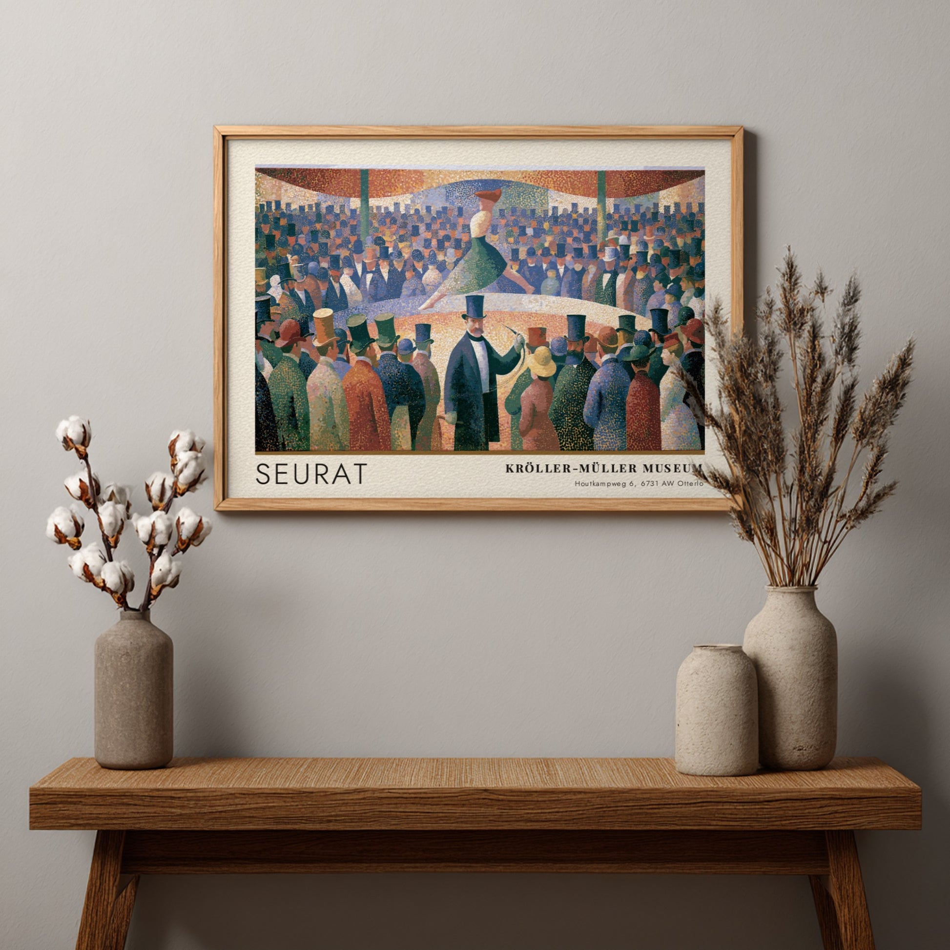 Wall art poster of Seurat Le Chahut featuring a cabaret scene with museum text