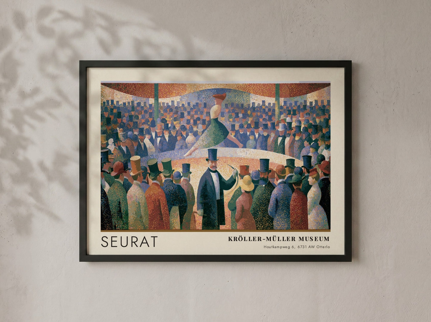 Wall art poster of Seurat Le Chahut featuring a cabaret scene with museum text