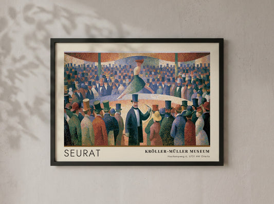 Wall art poster of Seurat Le Chahut featuring a cabaret scene with museum text