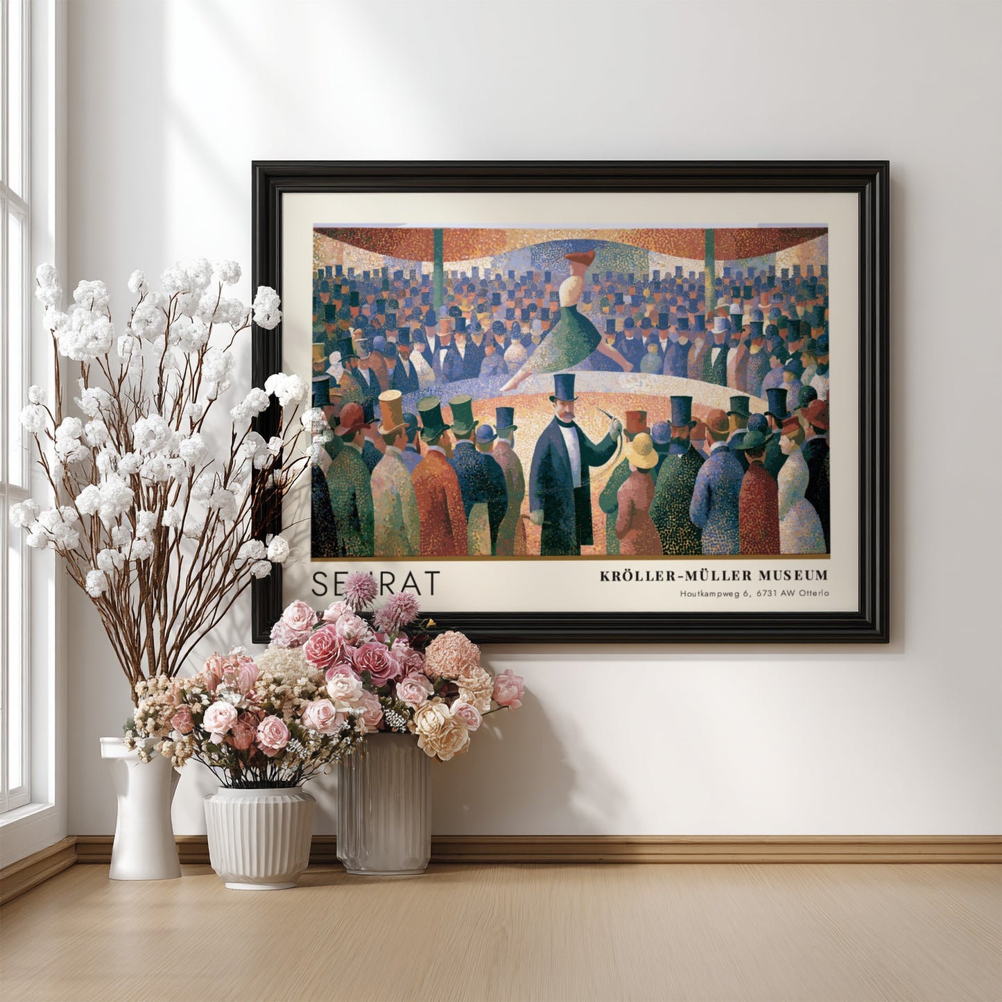 Wall art poster of Seurat Le Chahut featuring a cabaret scene with museum text