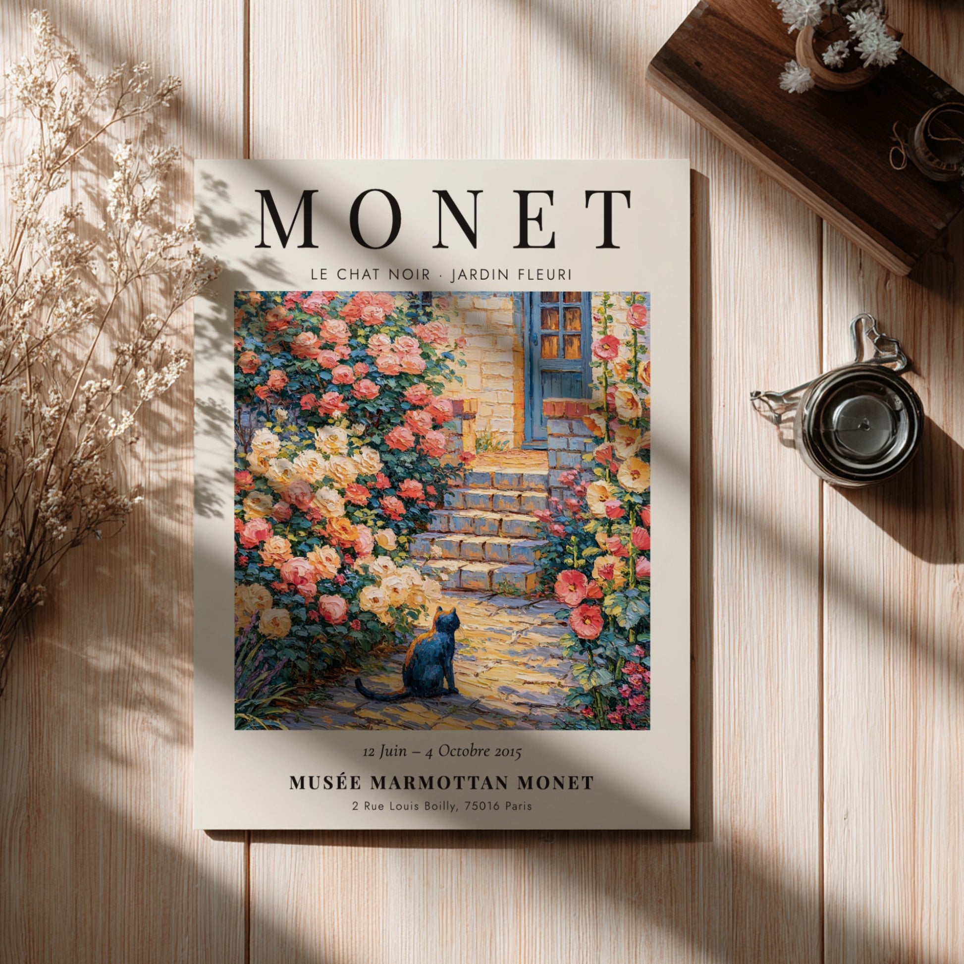 Monet inspired poster featuring a black cat and blooming roses in a vibrant garden scene