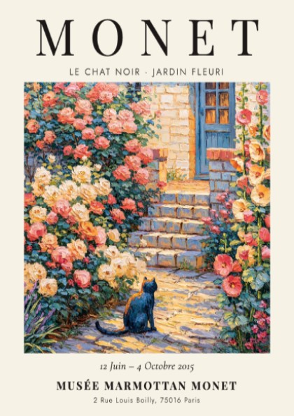 Monet inspired poster featuring a black cat and blooming roses in a vibrant garden scene