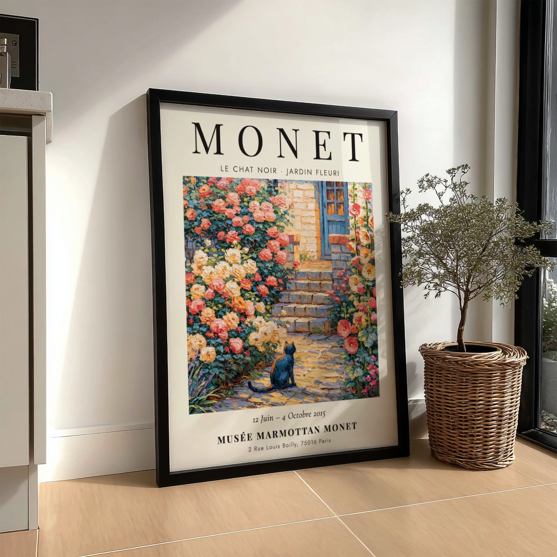 Monet inspired poster featuring a black cat and blooming roses in a vibrant garden scene