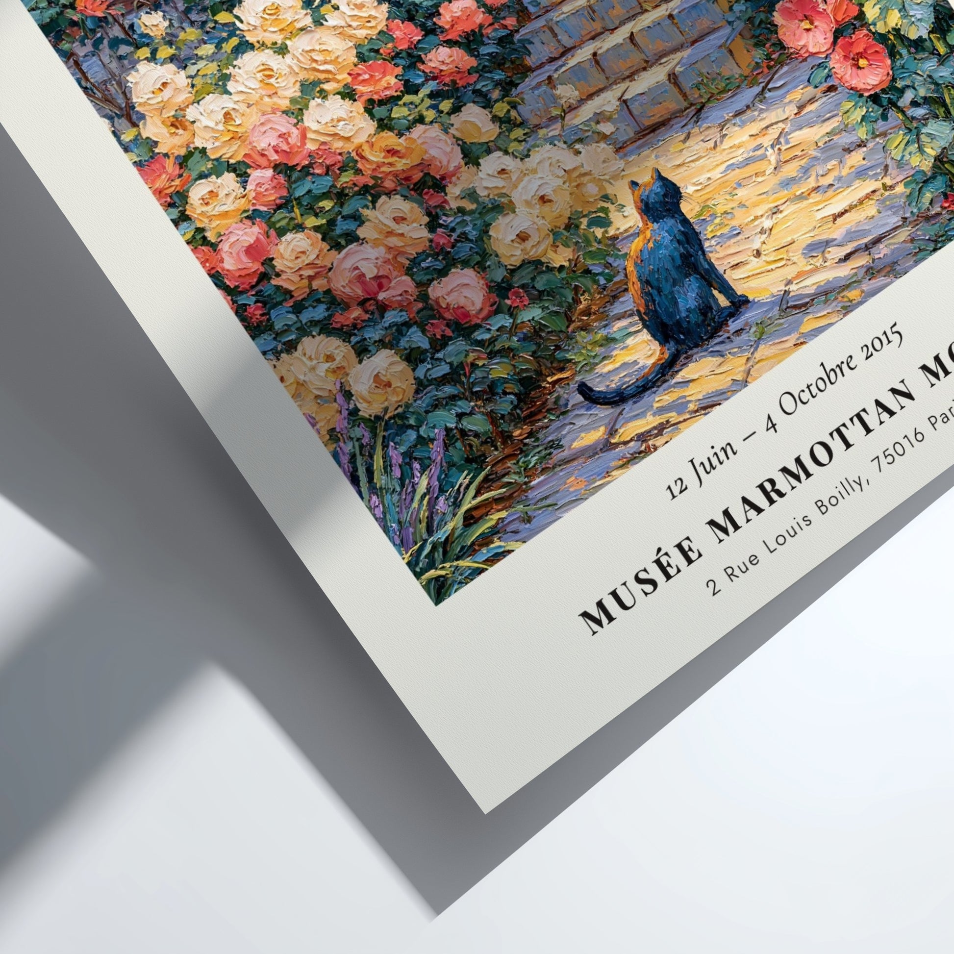 Monet inspired poster featuring a black cat and blooming roses in a vibrant garden scene