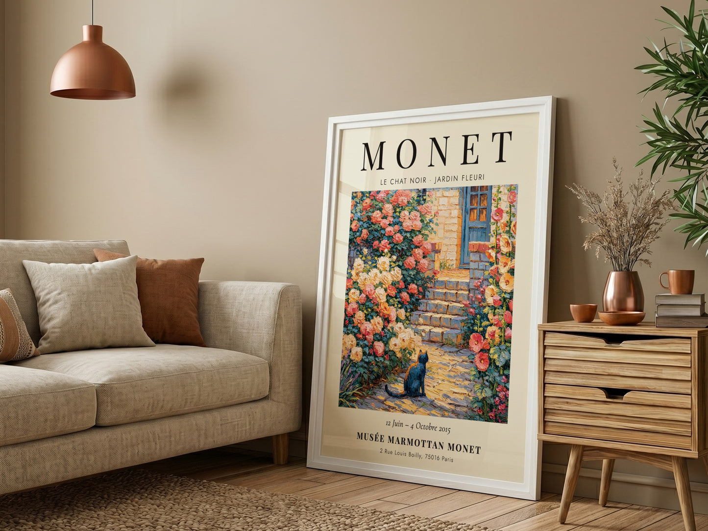 Monet inspired poster featuring a black cat and blooming roses in a vibrant garden scene