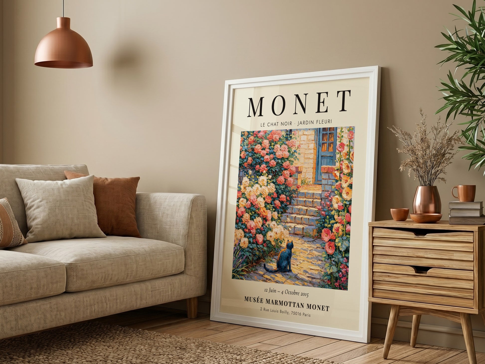 Monet inspired poster featuring a black cat and blooming roses in a vibrant garden scene