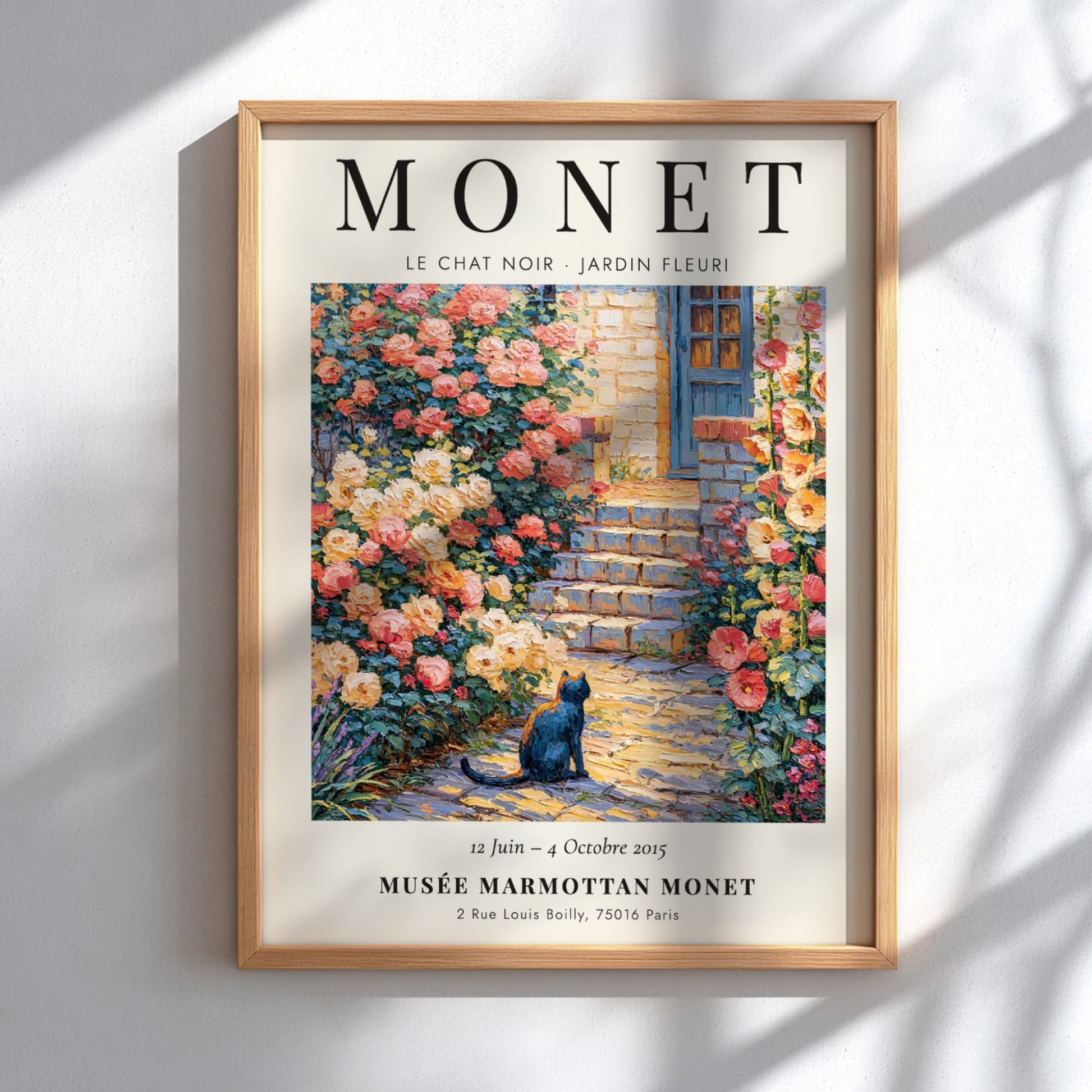 Monet inspired poster featuring a black cat and blooming roses in a vibrant garden scene