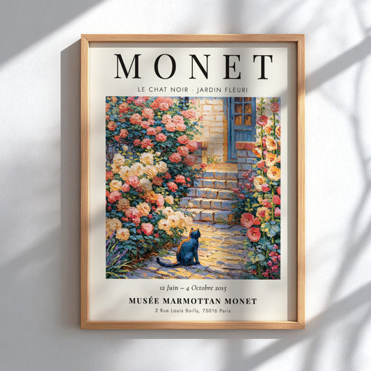 Monet inspired poster featuring a black cat and blooming roses in a vibrant garden scene