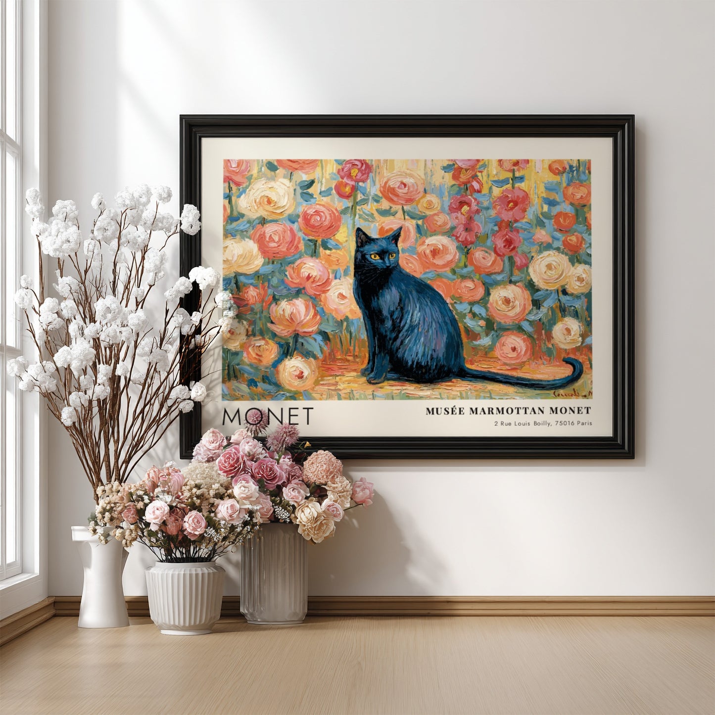 Le Chat Noir wall art print featuring a black cat and colorful flowers in Monet's style
