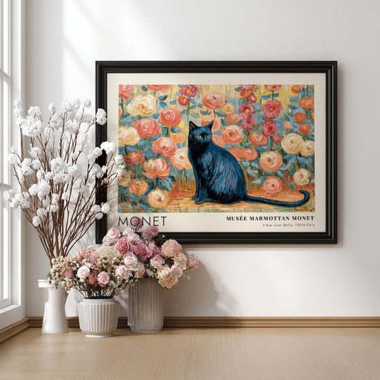 Le Chat Noir wall art print featuring a black cat and colorful flowers in Monet's style