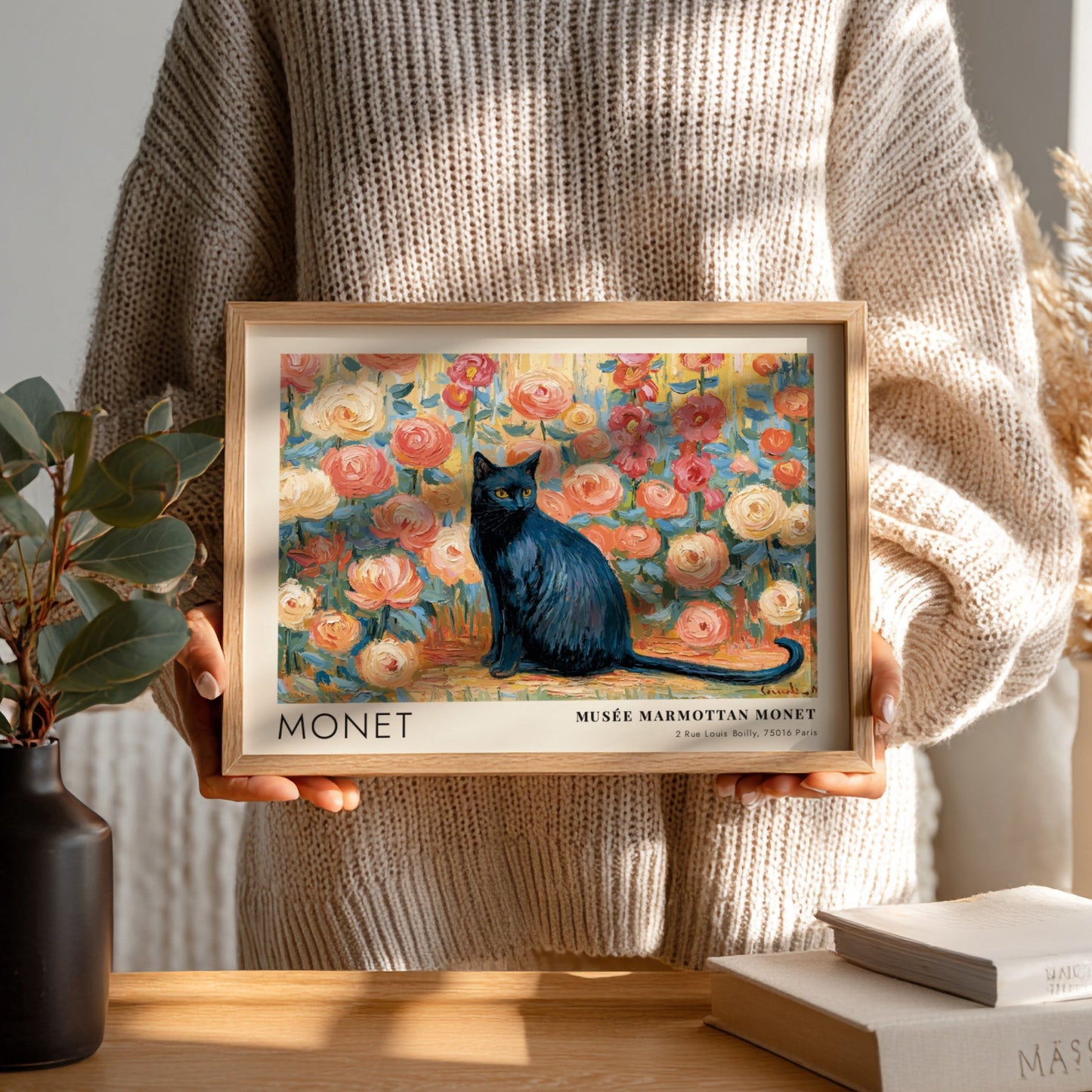 Le Chat Noir wall art print featuring a black cat and colorful flowers in Monet's style