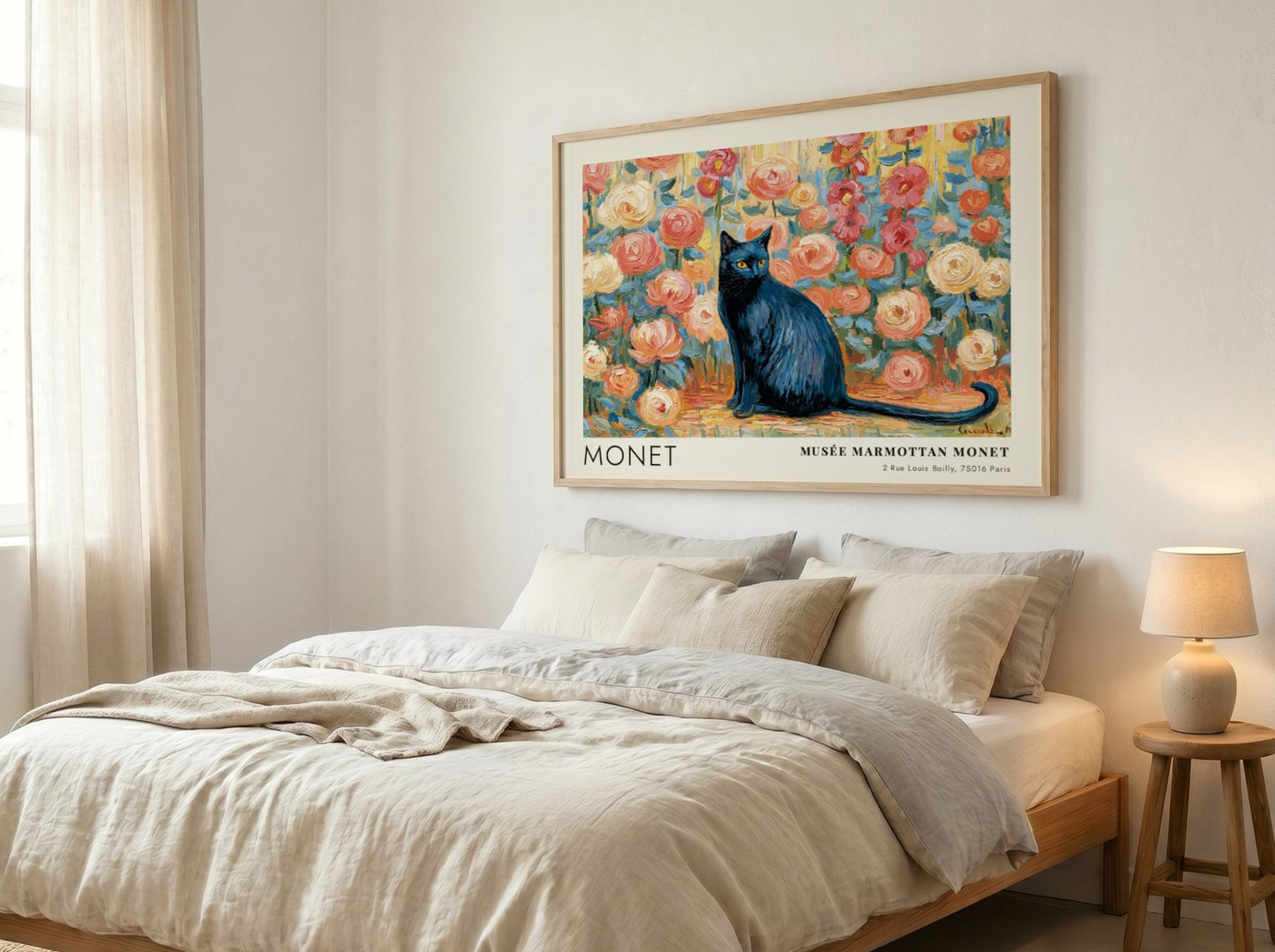 Le Chat Noir wall art print featuring a black cat and colorful flowers in Monet's style