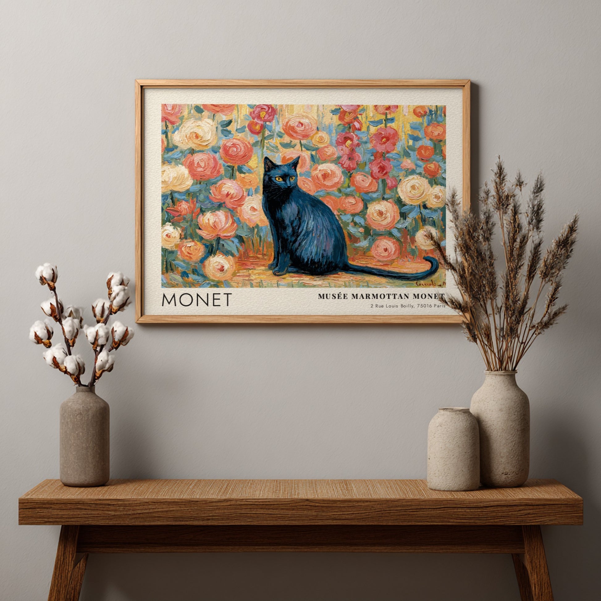 Le Chat Noir wall art print featuring a black cat and colorful flowers in Monet's style