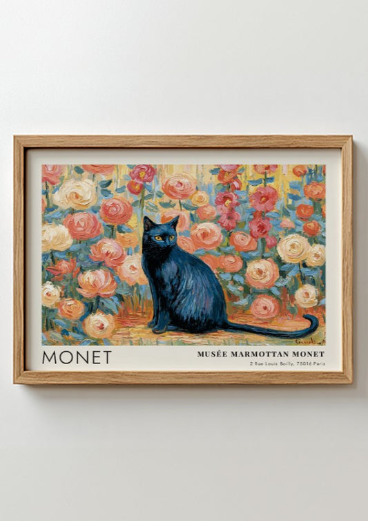 Le Chat Noir wall art print featuring a black cat and colorful flowers in Monet's style