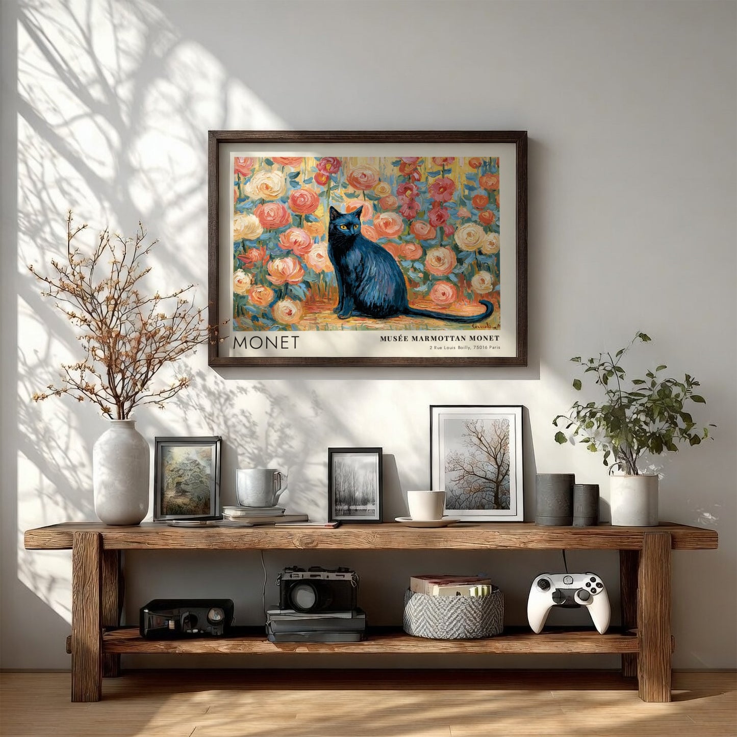 Le Chat Noir wall art print featuring a black cat and colorful flowers in Monet's style