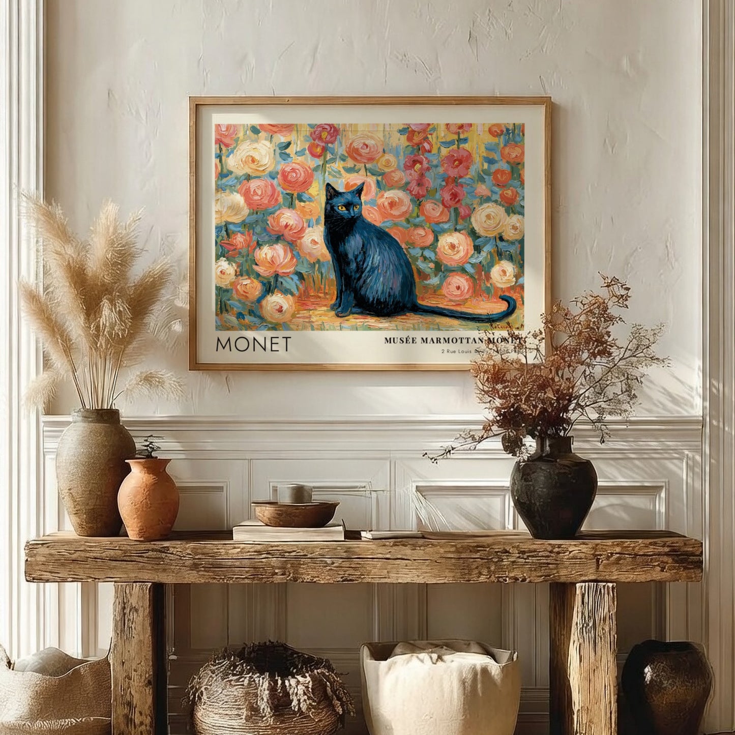 Le Chat Noir wall art print featuring a black cat and colorful flowers in Monet's style
