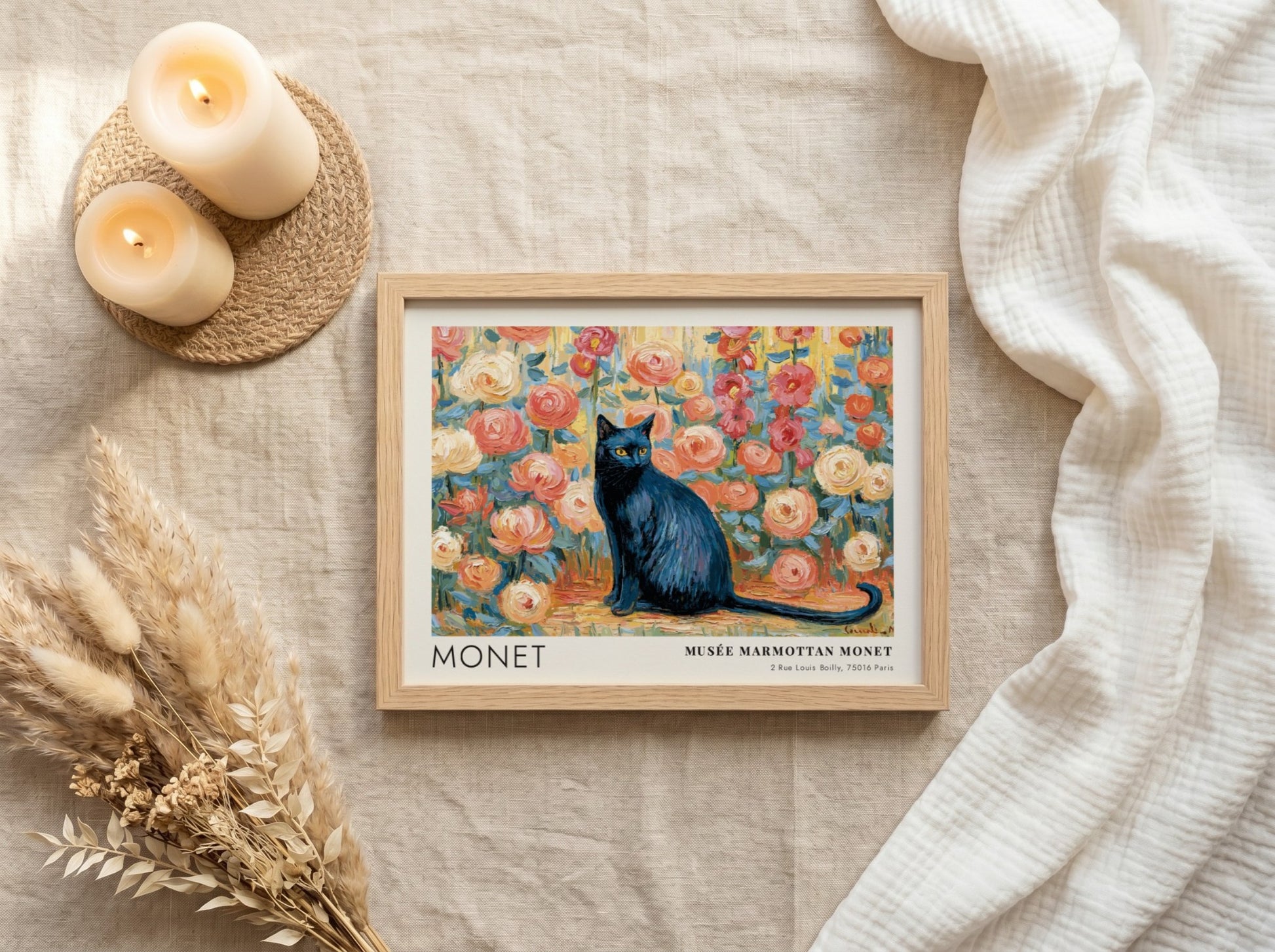 Le Chat Noir wall art print featuring a black cat and colorful flowers in Monet's style
