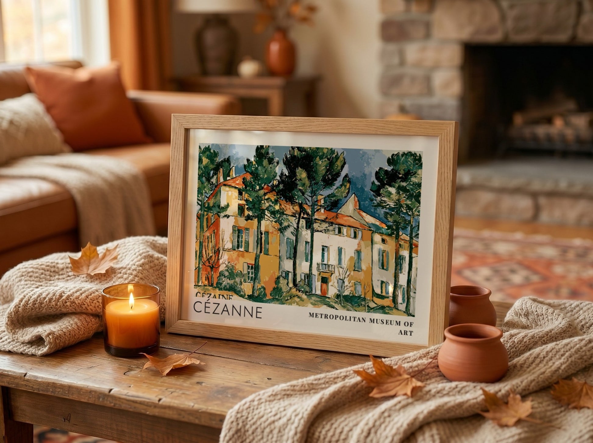 Wall art poster featuring Cézanne Le Château Noir landscape painting in a wooden frame.