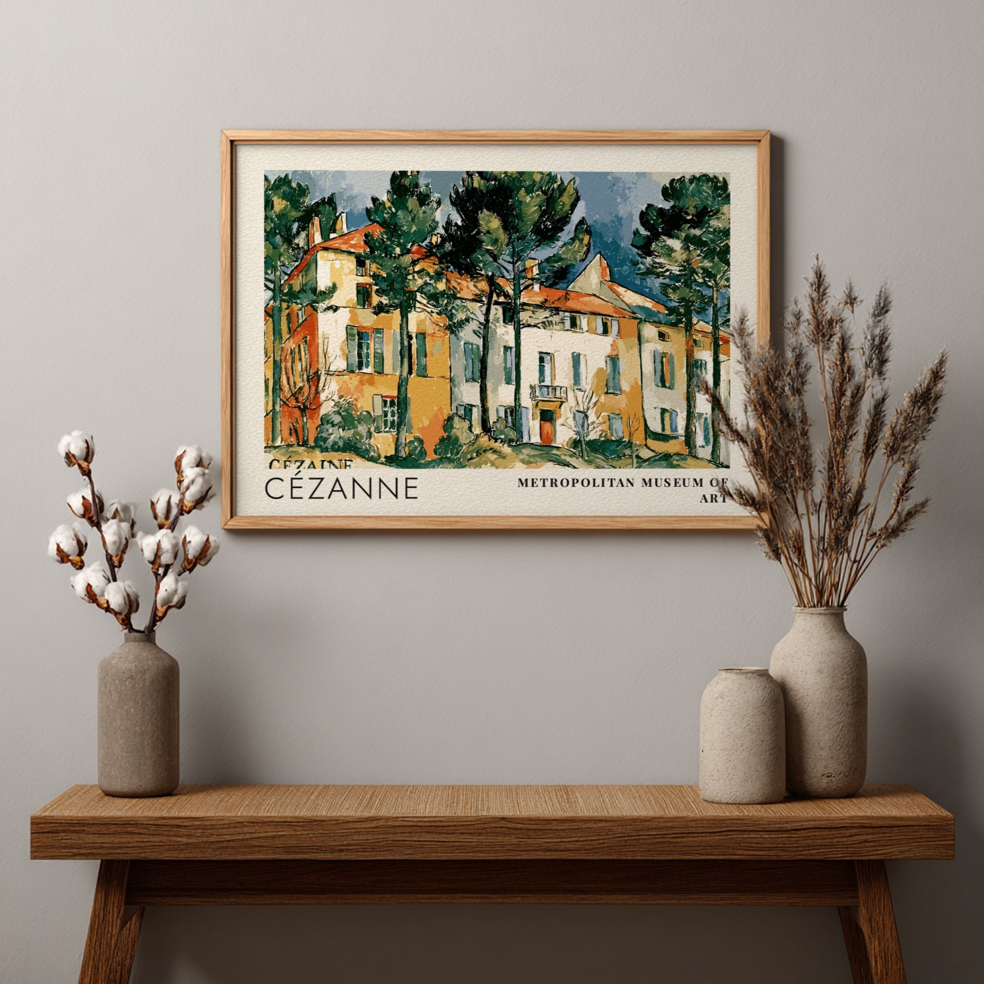 Wall art poster featuring Cézanne Le Château Noir landscape painting in a wooden frame.