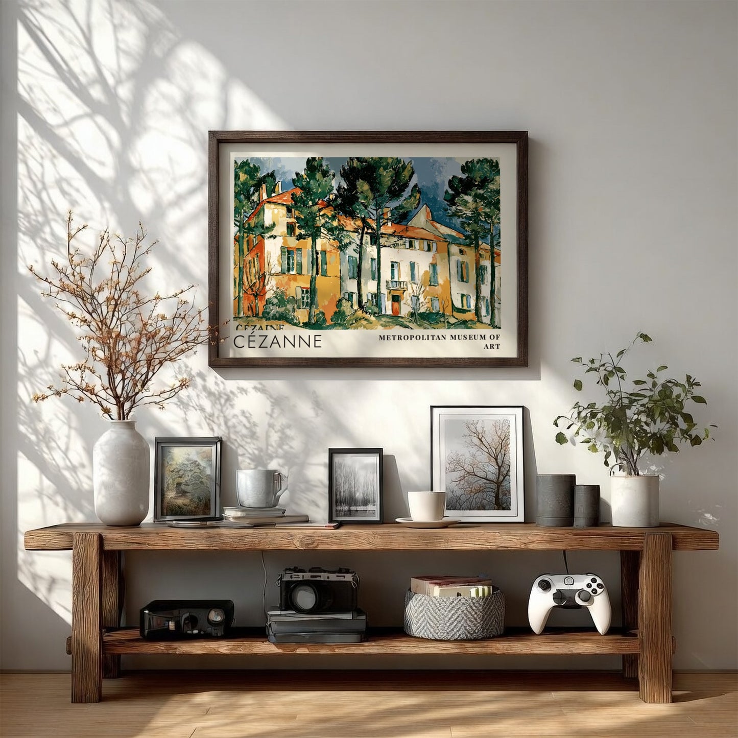 Wall art poster featuring Cézanne Le Château Noir landscape painting in a wooden frame.