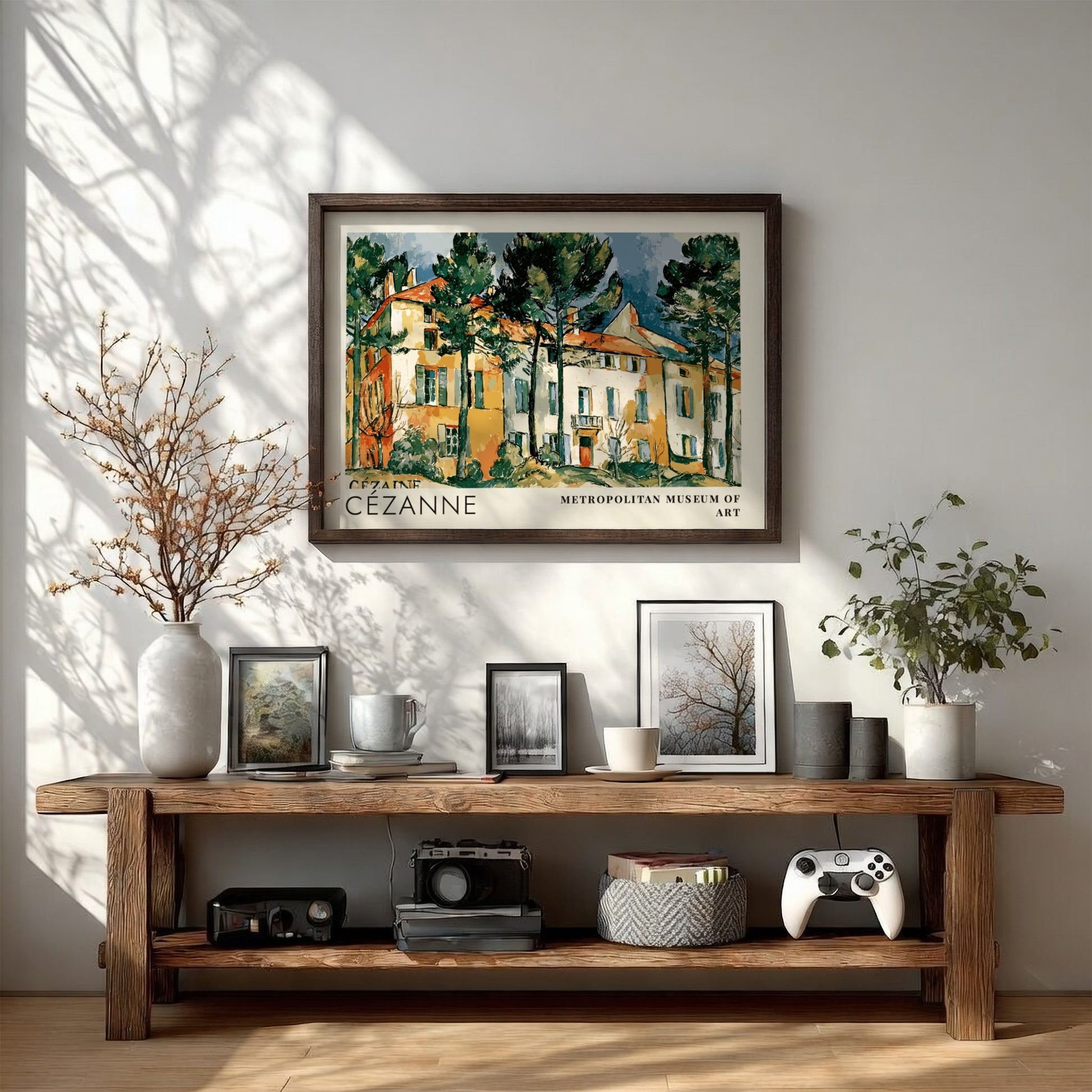 Wall art poster featuring Cézanne Le Château Noir landscape painting in a wooden frame.