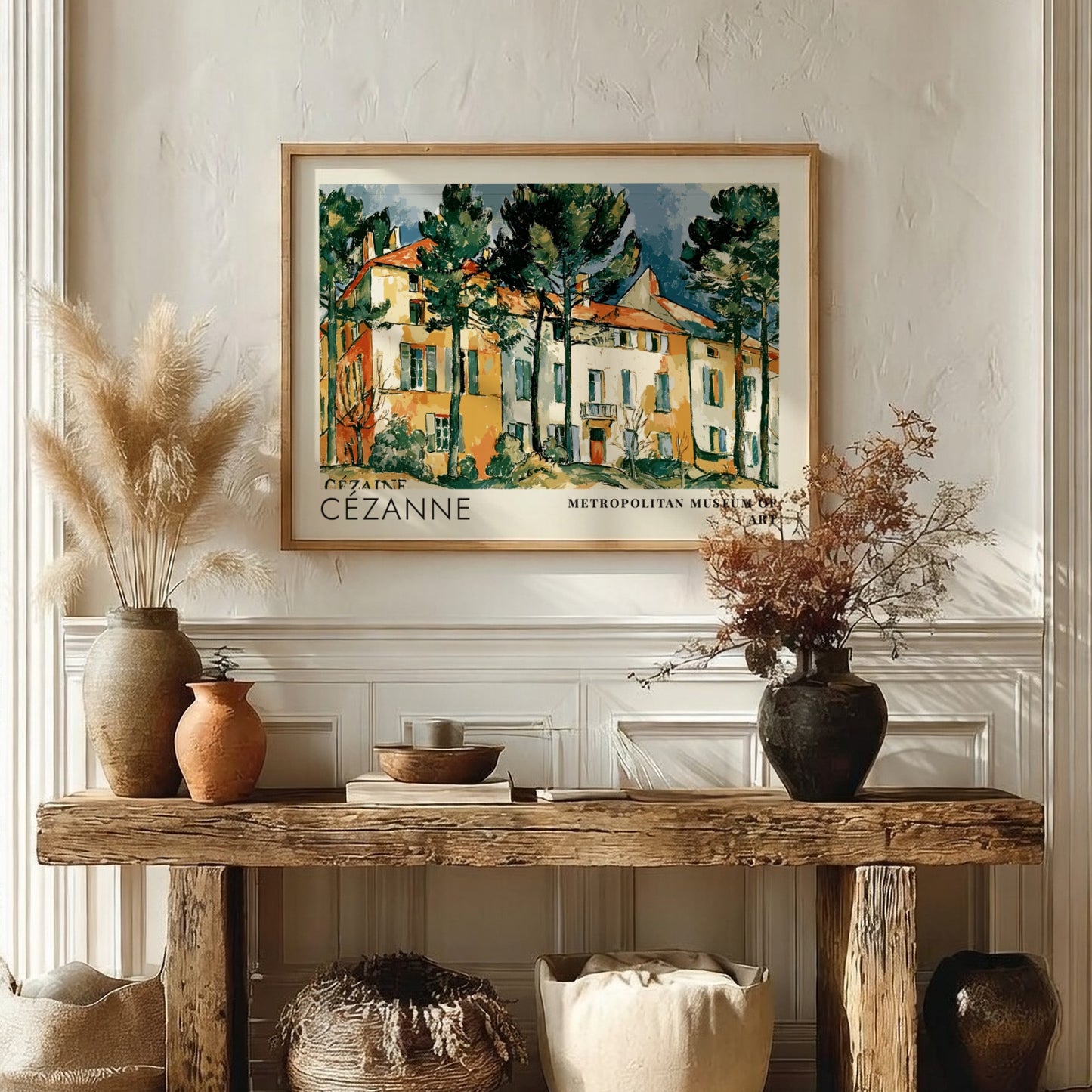 Wall art poster featuring Cézanne Le Château Noir landscape painting in a wooden frame.