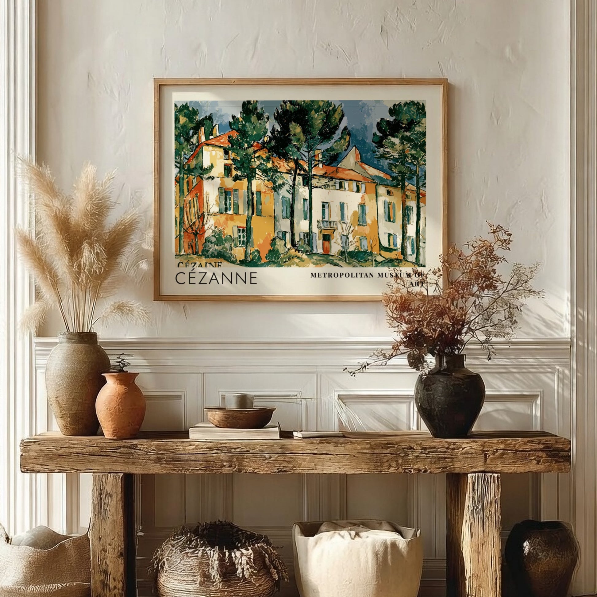 Wall art poster featuring Cézanne Le Château Noir landscape painting in a wooden frame.