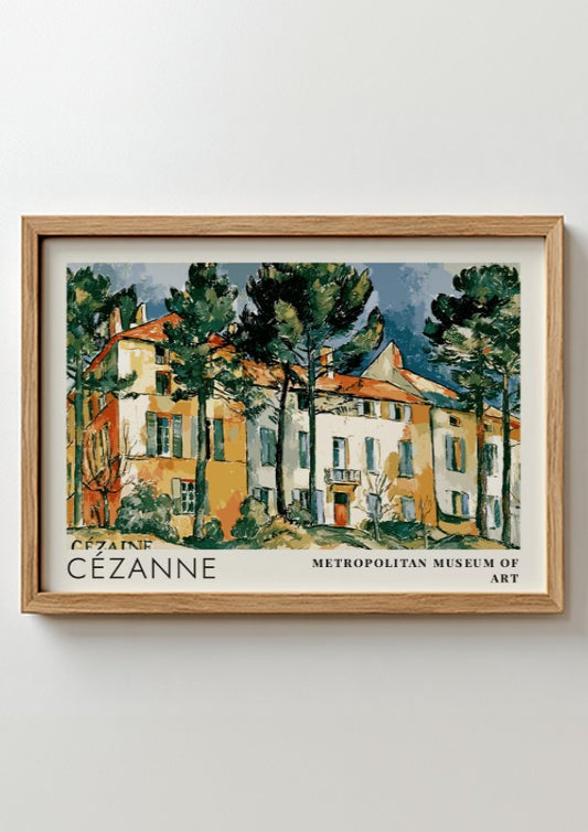 Wall art poster featuring Cézanne Le Château Noir landscape painting in a wooden frame.