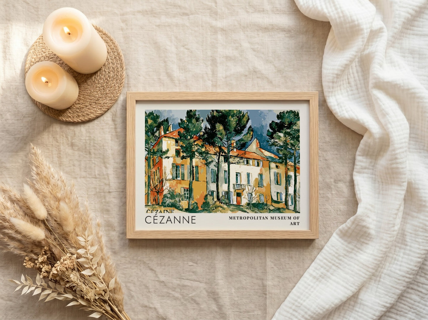 Wall art poster featuring Cézanne Le Château Noir landscape painting in a wooden frame.