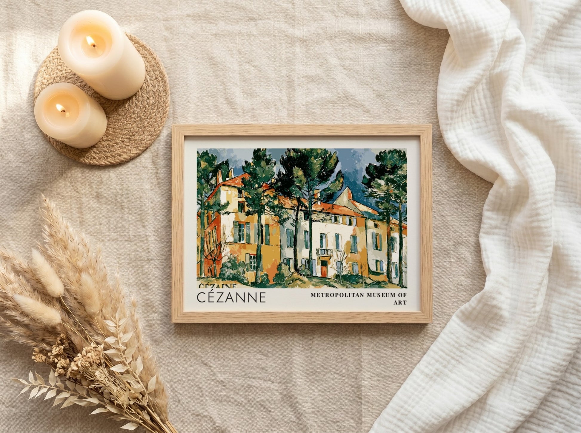 Wall art poster featuring Cézanne Le Château Noir landscape painting in a wooden frame.