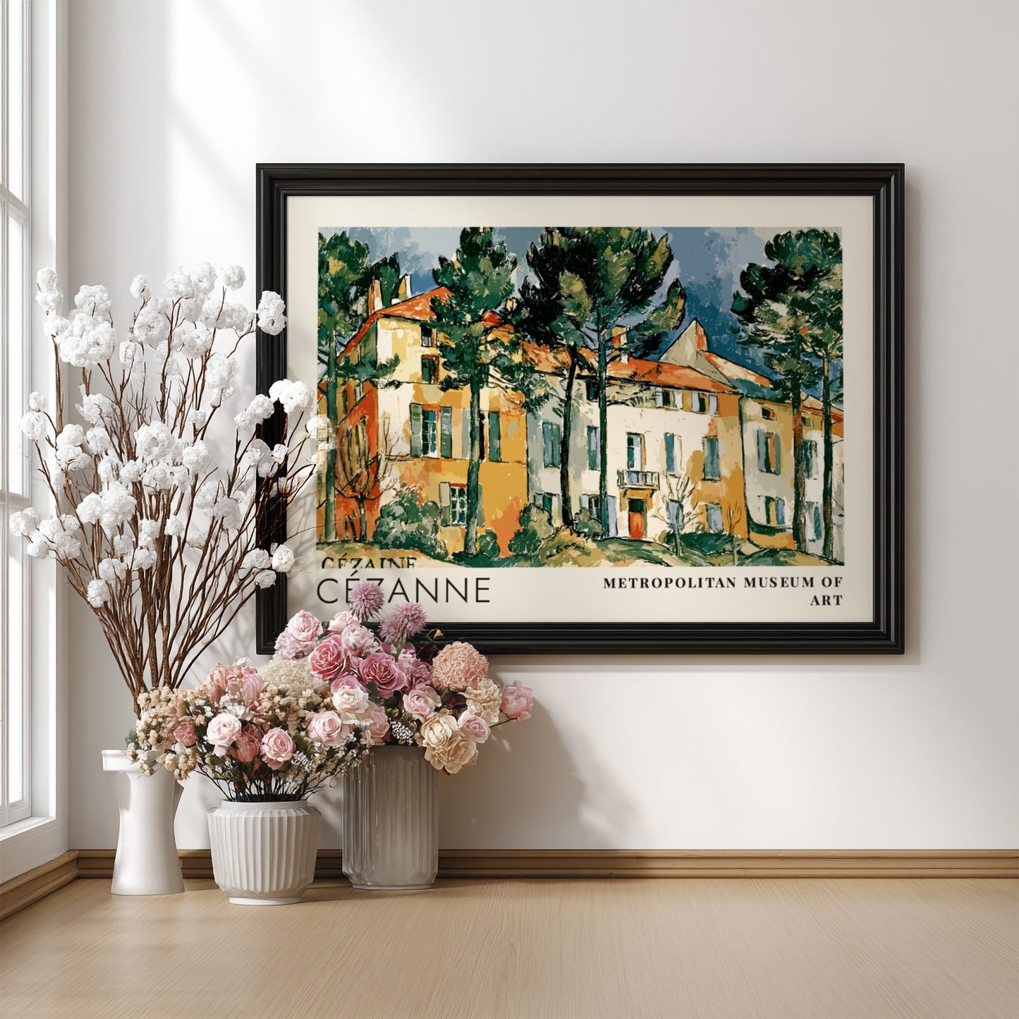 Wall art poster featuring Cézanne Le Château Noir landscape painting in a wooden frame.