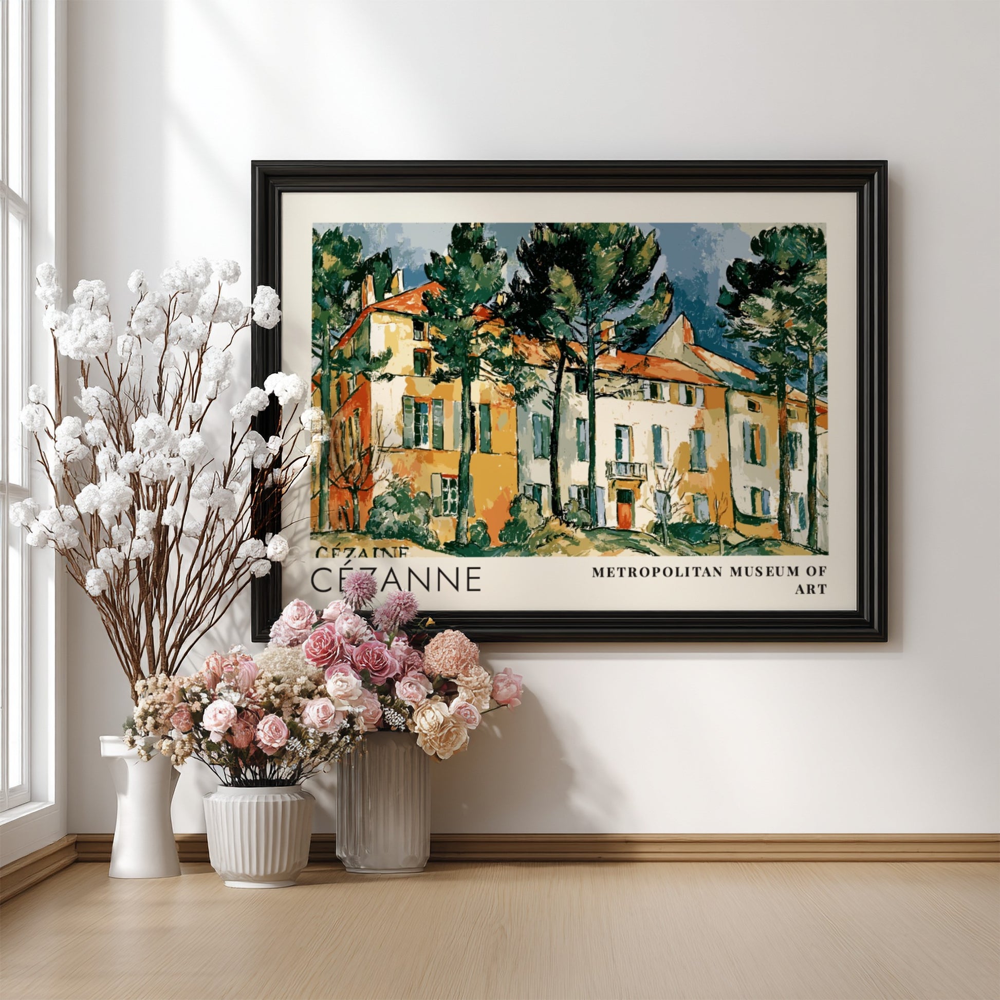 Wall art poster featuring Cézanne Le Château Noir landscape painting in a wooden frame.